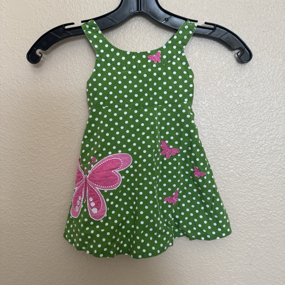 Bonnie Baby Green With White Polka Dots & Pink Butterflies Dress Size 18 Months